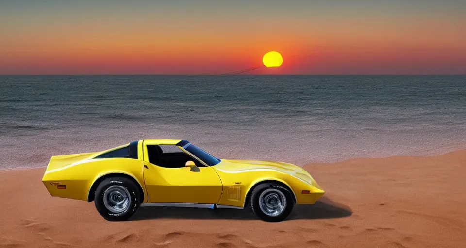 Prompt: a yellow 1979 stingray corvette at the beach at sunset, t-top, convertable,digital art,detailed,ultra realistic,art by greg rutkowski