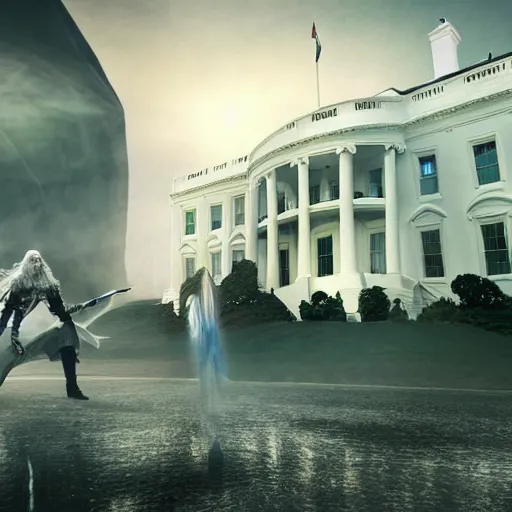 Prompt: gandalf attacks the white house, realistic extremely detailed photo style painting, granular detail, holographic krypton ion, octane render, 4 k, f 3 2, 5 5 mm photography, wide angle