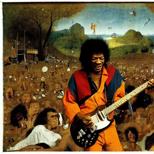 Image similar to jimy hendrix at woodstock by hieronymus bosch