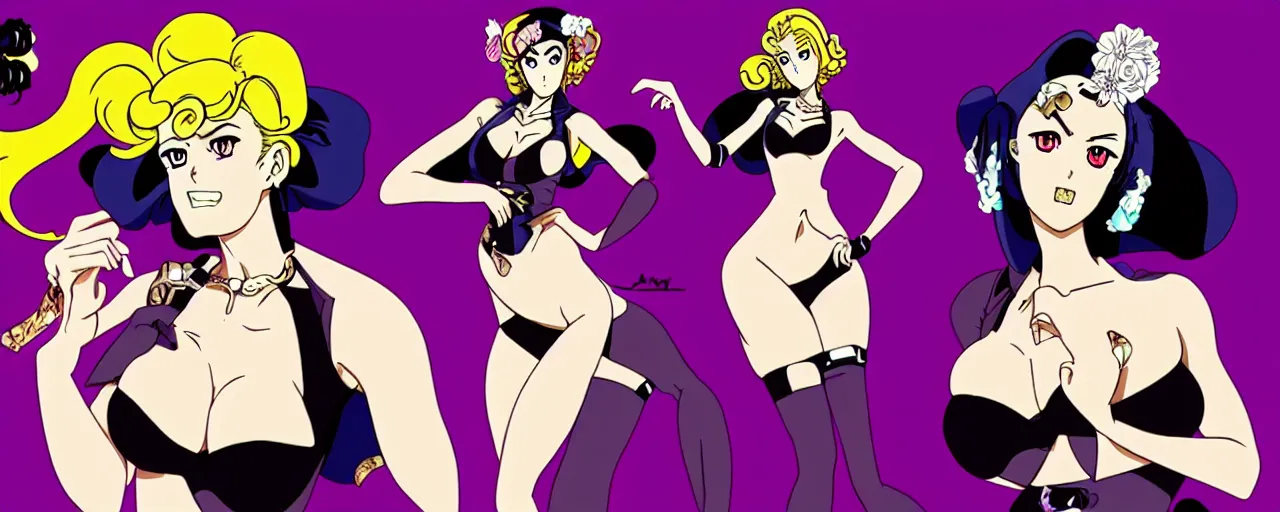 Image similar to Beautiful seductive women in the style of JoJo’s bizarre adventure. Award winning. Cel animation