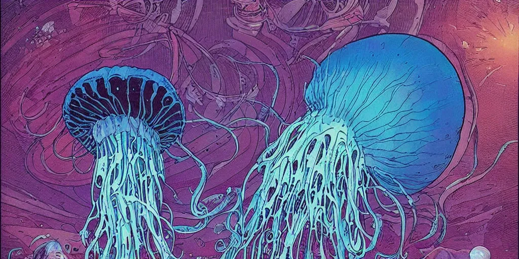 Prompt: giant jellyfish in space by moebius and mohrbacher, incredible sci-fi 1970s,