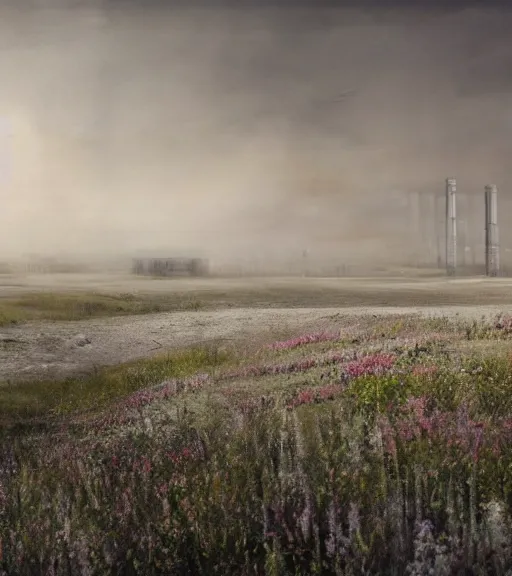 Image similar to andrei tarkovsky scene, a matte painting of a white stepped architecture in the mining tailings in the desert, biroremediation, prairie, cottage town, foggy, patchy flowers, oil painting, pale colors, high detail, 8 k, wide angle, trending on artstation, behance