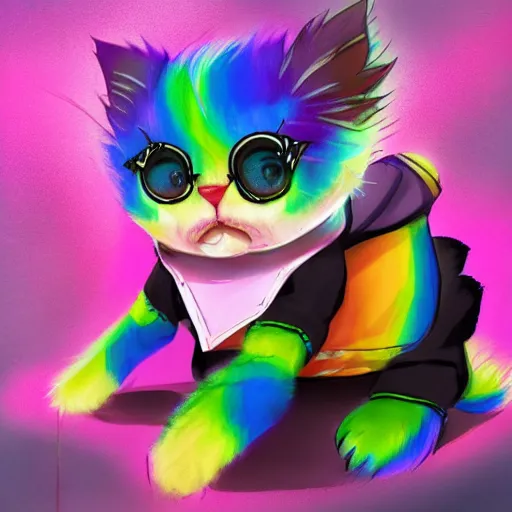 Image similar to wide angle full body, jacket wearing fluffy cute rainbow kitten wearing a black leather motorcycle jacket, riding on a motorcycle, cinematic concept art