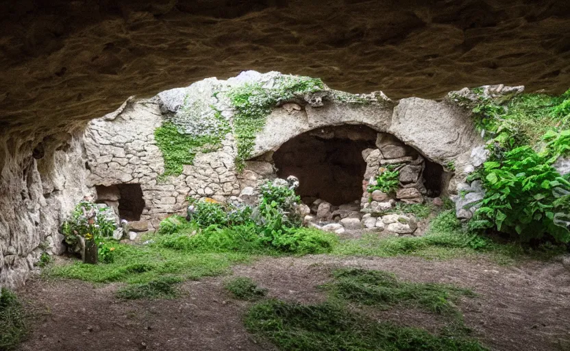 Image similar to cave built into an early medieval village lit by torches, plants