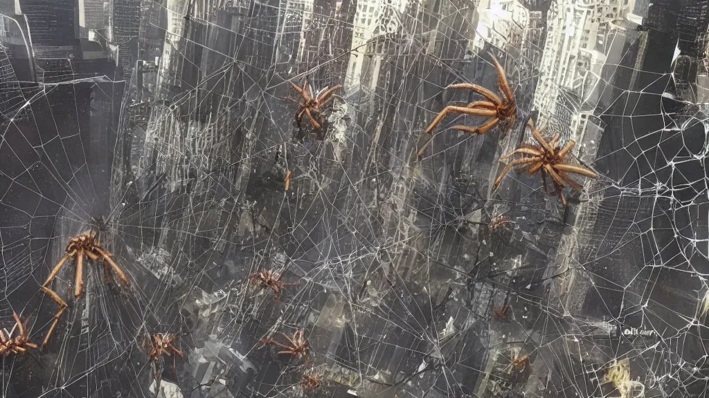 Image similar to giant arachnids attacking the city, realistic, arachnophobia