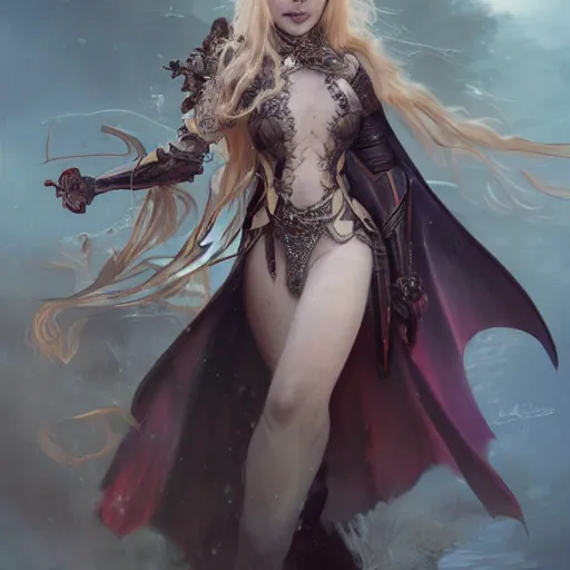 Image similar to a blonde vampire girl, child, freckles, smiling, fangs, messy curly hair, dark leather armor, onyx sword, intricate and very beautiful and elegant, highly detailed, digital painting, artstation, concept art, smooth and sharp focus, cg by tian zi and wlop and alphonse mucha