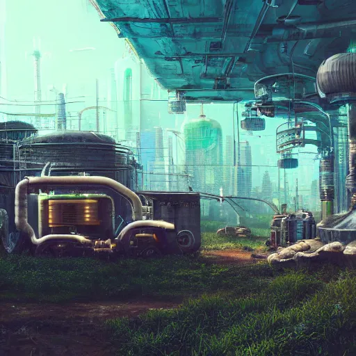 Image similar to fully detailed landscape of a cyberpunk cunderground , watertank, futuristic tractors, farmhouse, mushroom, overgrowth, Ai , Bots , drones , cinematic lightening, in the future, high quality, 8k , octane render, trending on artstation , greg rutowski