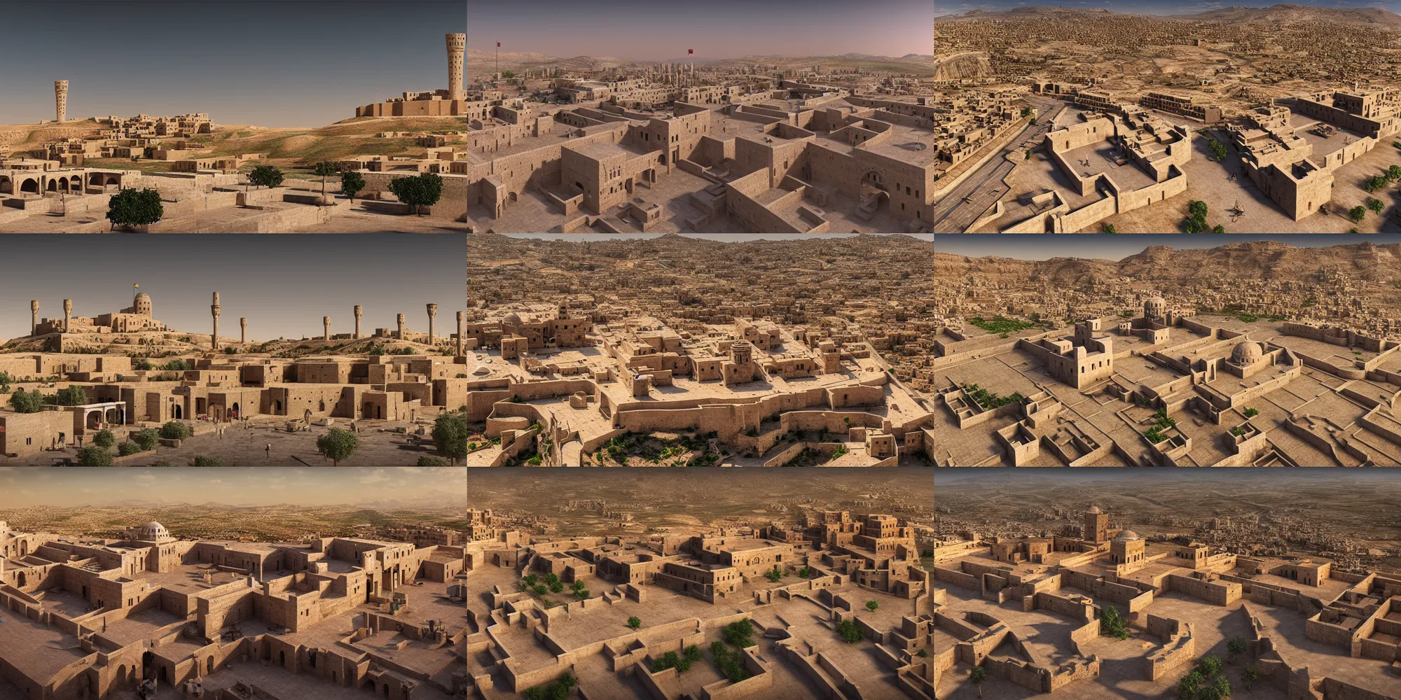 Prompt: citadel of erbil, old town mardin, kurdistan, photorealistic, ultrawide establishing shot, cityscape, octane render, rtx, hdr, unreal engine
