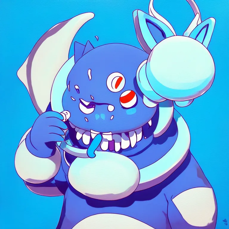 Prompt: a chubby anthropomorphic male blue dragon fursona chewing blue bubble gum, headphones on his head, cute, furry, beautiful, soft colors, oil on canvas, soft lighting