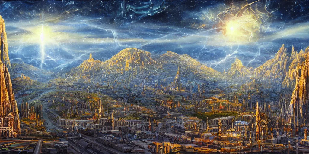 Prompt: fantasy oil painting, gleaming silver mega structure city, antep, argos, indore, kailasa, ellora, hybrid, looming, small buildings, warm lighting, street view, overlooking, epic, interstellar space port launching dock, distant mountains, bright clouds, luminous sky, cinematic lighting, michael cheval, david palladini, oil painting, natural tpose
