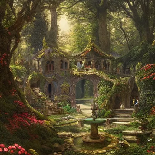 Image similar to a beautiful and highly detailed matte painting of a magical wishing well in a fantasy garden in a lush forest deep in the mystical mountains, intricate details, epic scale, insanely complex, 8 k, sharp focus, hyperrealism, very realistic, by caspar friedrich, albert bierstadt, james gurney, brian froud,