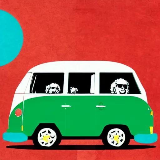 Prompt: illustration of jerry garcia driving a volkswagon bus and waving