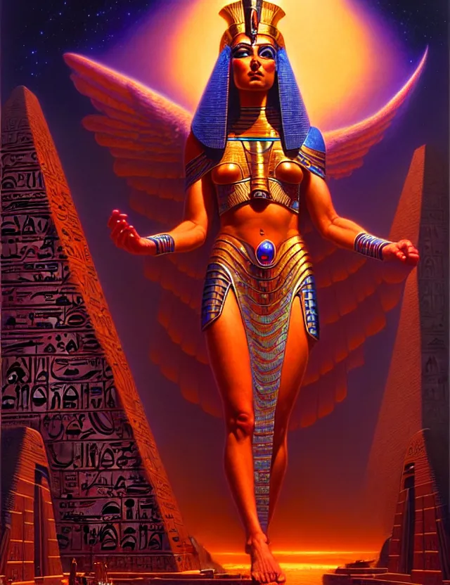 Prompt: egyptian goddess merging with a. i., tim hildebrandt, wayne barlowe, bruce pennington, donato giancola, trending on artstation, cinematic composition, beautiful lighting, hyper detailed, 8 k, oil on canvas