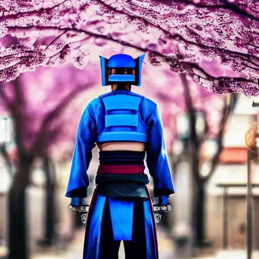 Image similar to ultrarealistic photography android samurai in a historical japanese city cherry blossom blue sky cyberpunk