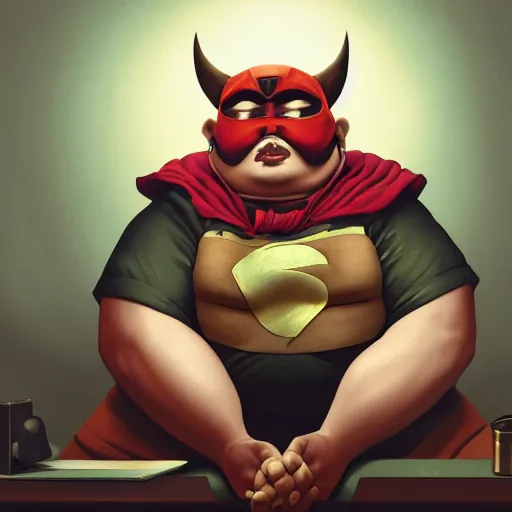 Prompt: a insanely detailed painting of a chubby masked asian man wearing a superhero costume sitting at a desk, staring at the nervously at the computer typing, in the style of peter mohrbacher, dramatic lighting and composition, trending on artstation, concept art, comic book