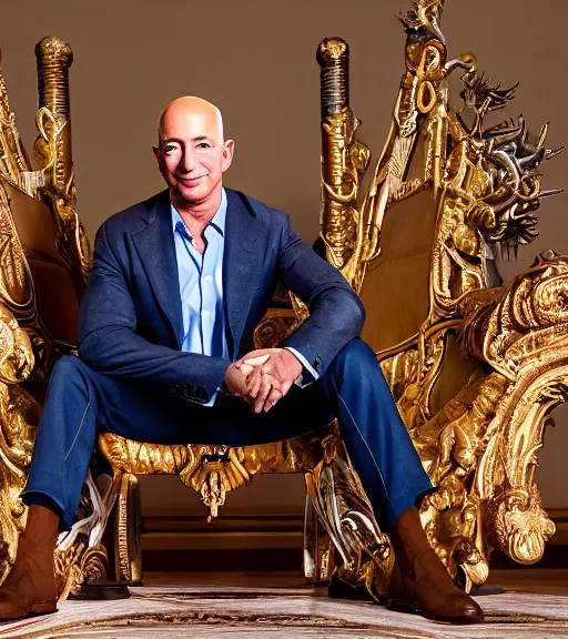 Prompt: A photo of jeff bezos the barbarian sitting on his throne, award winning photography, sigma 85mm Lens F/1.4, perfect faces