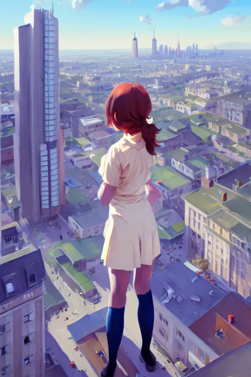 Image similar to a cute giantess wearing school uniform standing in the city which seem small, bird's eye view, gouache, 8 k wallpaper, strong brush stroke, very high detailed, sharp focus, illustration, morandi color scheme, art station, by krenz cushart
