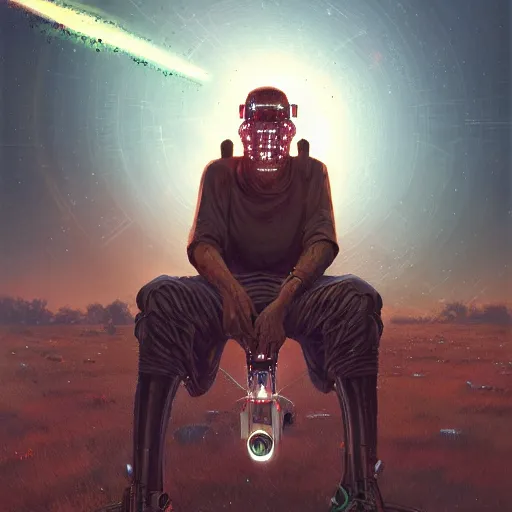 Image similar to a cyberpunk mursi elder sitting in a field watching a meteor shower with his hoverbike in the foreground by greg rutkowski and android jones in a cyberpunk style, oil on canvas, 8k, afrofuturism