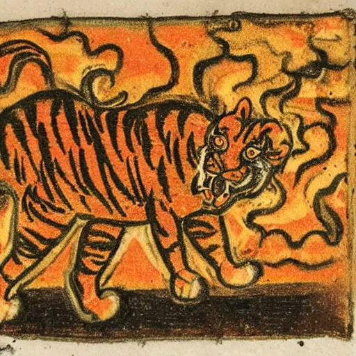 Image similar to bad drawn tiger made of smoke, lava and fire flying in the sky with many legs in a medieval manuscript, medieval manuscript, golden miniatures