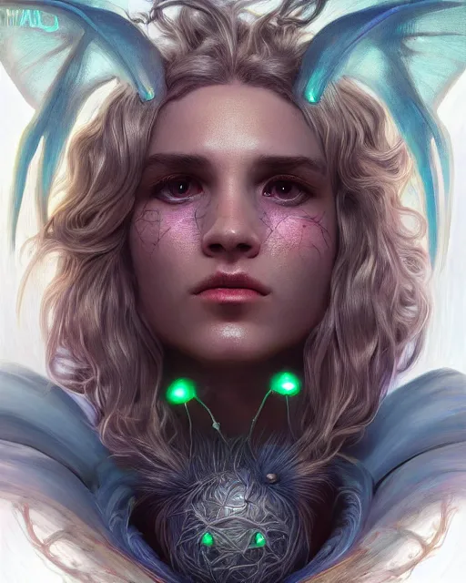 Image similar to portrait of a cute monster, male, bioluminescent, wires, horror, happy, highly detailed, digital painting, cinematic, hyperrealism, dark retrowave, art by stanley lau and artgerm and magali villeneuve and alphonse mucha, artstation, octane render, cgsociety