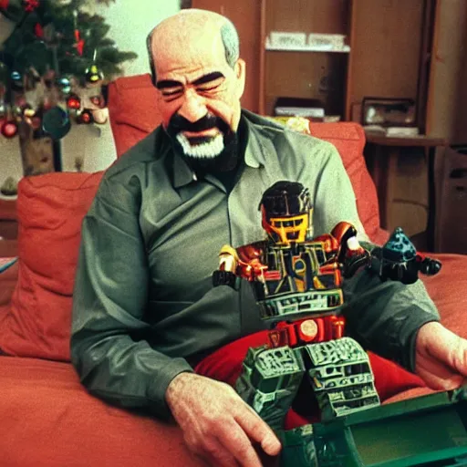 Image similar to saddam hussein playing with bionicle, christmas morning photo, 1990