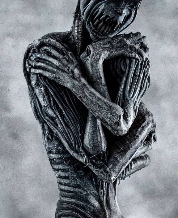 Image similar to xenomorph hugging pale sad beauty merging, dark mist colors, giger background liminal void, digital art, cinematic lighting, realistic, award winning photograph, various refining methods, micro macro autofocus