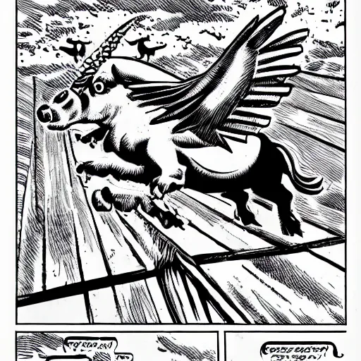 Image similar to winged flying pig with unicorn horn richard corben style black and white
