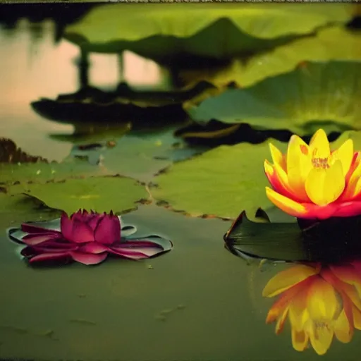 Prompt: 35mm photograph, kodachrome 160, beautiful Baroque rococo detailed Canon DSLR from 1800s, lotus blossom reflected in still water, bokeh,