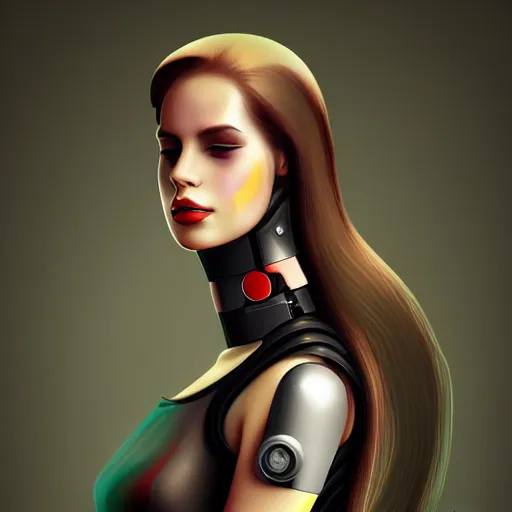 Prompt: young lady cyborg like lana del ray, bioorganic concept, beautiful face, full body, photorealistic