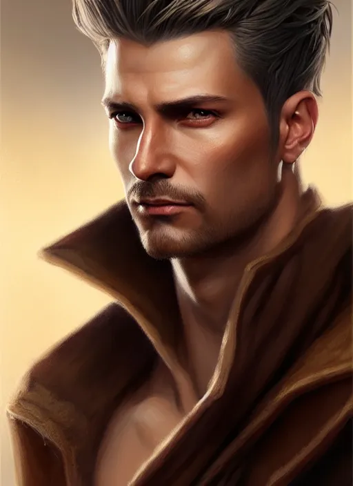 Prompt: a _ fantasy _ style _ portrait _ painting _ of wizard male, medium dark blonde pulled back and blonde stubble, brown eyes, rpg dnd oil _ painting _ unreal _ 5 _ daz. _ rpg _ portrait _ extremely _ detailed _ artgerm _ greg _ rutkowski _ greg