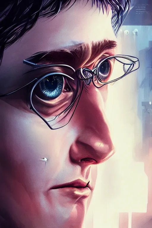 Image similar to Portrait of a harry potter with a cybernetic implanted eye, elegant, photorealistic, highly detailed, artstation, smooth, sharp focus, cyberpunk ornaments, neon lighting, sci-fi, art by Klimt