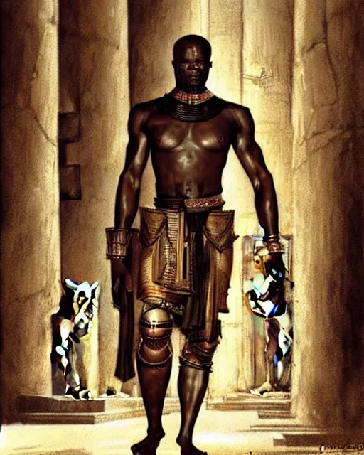 Prompt: concept art by anders zorn and craig mullins depicting djimon hounsou as a tall and very lean temple guard fully dressed in ancient egyptian heavy armor, flowing robes, harem pants, and leather strapped sandals