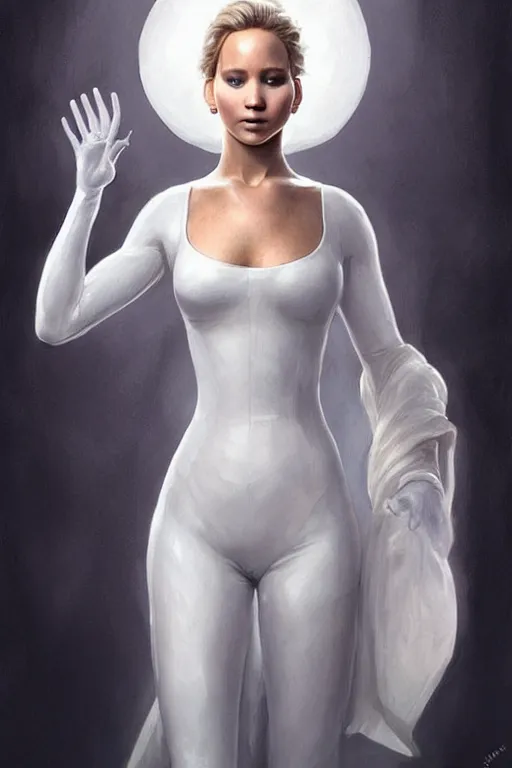 Image similar to Jennifer Lawrence as Queen wearing a White Outfit, anatomy, only two hands, highly detailed, digital painting, artstation, concept art, smooth, sharp focus, illustration, Unreal Engine 5, 8K, art by art by artgerm and greg rutkowski and edgar maxence