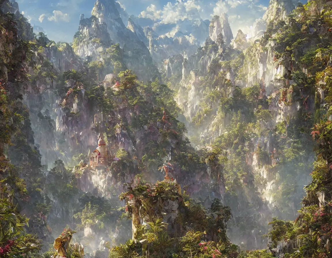 Image similar to ultra realistic illustration of magical land of shangri - la, hd, hdr, cinematic 8 k, ultra detailed, high resolution, smooth, sharp focus, illustration, art by artgerm and greg rutkowski and alphonse mucha