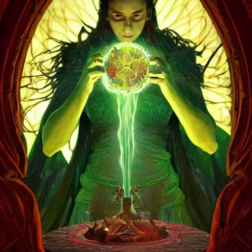 Prompt: a detailed tarot card of a shaman casting a spell, female, crimson colored, crackling green lightning, fantasy, d & d, intricate, elegant, highly detailed, digital painting, artstation, concept art, matte, sharp focus, illustration, in the style of magic the gathering, art by artgerm and greg rutkowski and alphonse mucha