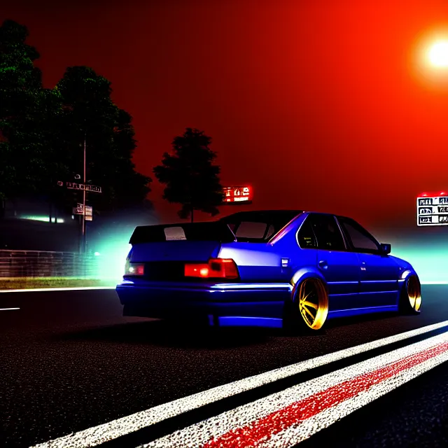 Prompt: a car JZX90 twin turbo drift spec in middle of road, Saitama prefecture, city midnight mist lights, cinematic lighting, photorealistic, highly detailed wheels, high detail