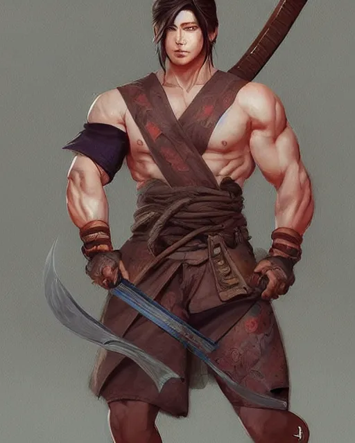 Prompt: A muscular man with fox ears and a katana wearing a kimono, visualartzi, Japanese, concept art by Karla Ortiz, James Paick, Charlie Bowater, Krenz Cushart, highly detailed, ultra detailed, ultra realistic, trending on artstation, cgstudio