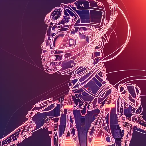 Image similar to a beautiful body of a bot fighter pilot woman mostly made of wires and electronic circuits led luminous, an ultrafine detailed illustration by james jean, final fantasy, intricate linework, bright colors, behance contest winner, vanitas, angular, altermodern, unreal engine 5 highly rendered, global illumination, radiant light, detailed and intricate environment