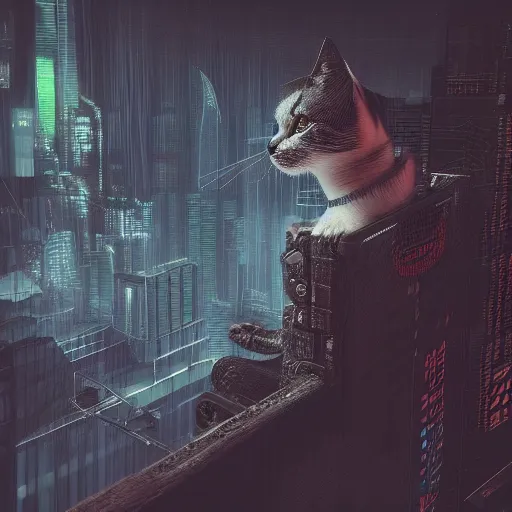 Image similar to a detailed 3d render of a cyberpunk cat in the style of dark fantasy, 8k, magic realism, artstation,HQ,deviantart,maximalist