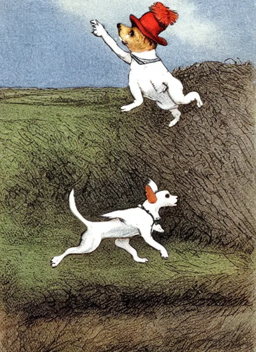 Image similar to jack russel terrier jumping from the ground over a short wall, illustrated by peggy fortnum and beatrix potter and sir john tenniel