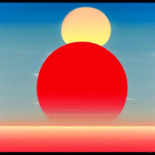 Image similar to hiroshi nagai painting. the sun has a face with many eyes and teeth. seen through the fog