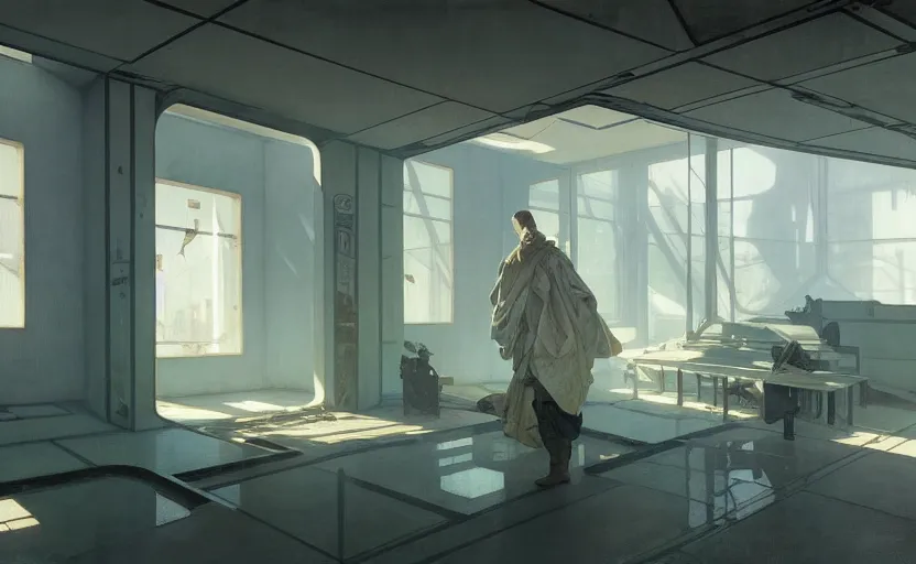 Prompt: painting of interior shot of a white concerete brutalist museum by darek zabrocki and greg ruthkowski, alphonse mucha, simon stalenhag and cinematic and blue cold atmospheric, archillect concept art, artstation, trending on artstation