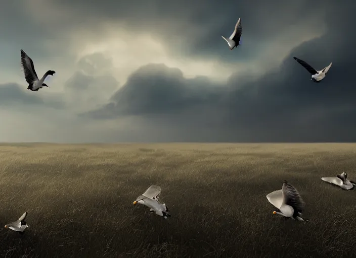 Image similar to independent picture scenery artwork in style by robert svebeck and haruki marakami, rendering of seagulls babies learning to fly, singing on a mystical field, dramatic sky, matte painting, trending on artstation and unreal engine