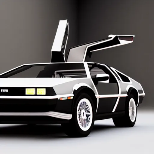 Image similar to still photo of delorean back to the future, highly detailed, photorealistic, bright studio setting, studio lighting, crisp quality and light reflections, unreal engine 5 quality render