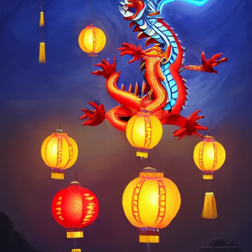 Image similar to cute baby chinese dragon surrounded by lanterns, colorful detailed oil painting 4k, trending on artstation