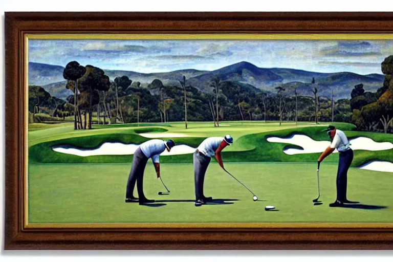 Image similar to Three golfers on a beautiful golf course driving range, by Diego Rivera