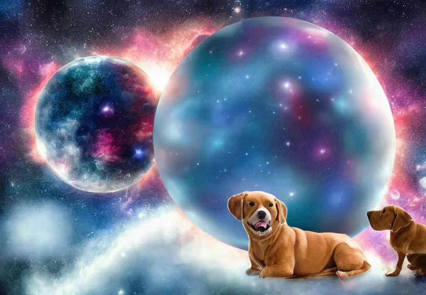 Prompt: a sphere, surface is textured with realistic dog faces, floating in space in front of nebula, high resolution photograph
