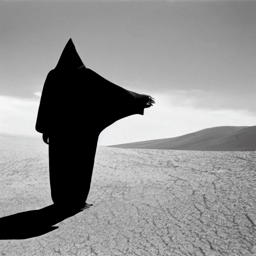 Prompt: a man wearing a long cloak and hood, in the desert, film still, panavision panaflex