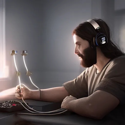 Prompt: jesus christ, with a gaming headset gaming, led lights, unreal engine, dslr, award winning, 8 k, octane beautifully detailed render, cold lighting, cinematic lighting, detailed photo,