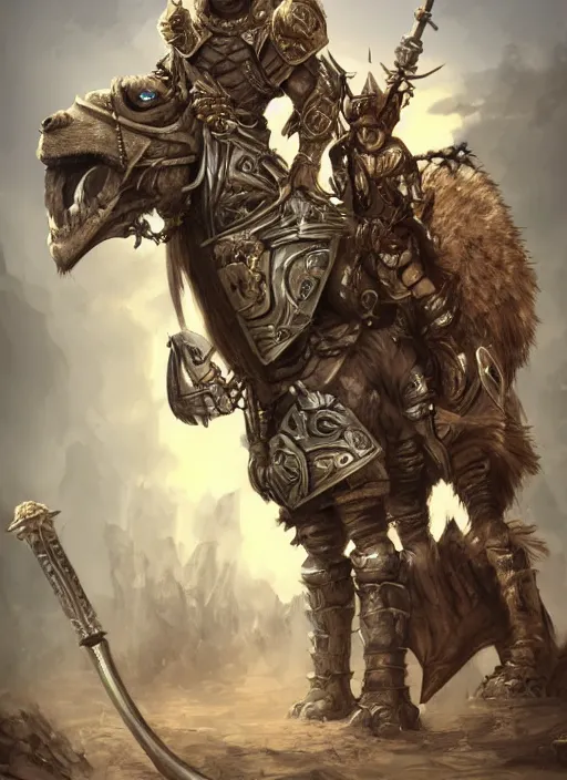 Prompt: Gnoll, metal armor, holding a lance, riding a camel, facing the camera, D&D, fantasy, digital art, realistic, artstation